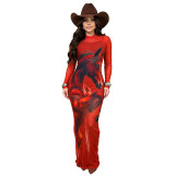 Women Sexy Mesh Print Beaded Dress