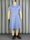 Plus Size Women Light Blue Striped Turndown Collar Dress