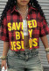 Women Summer Casual Plaid Letter Print Turndown Collar Short-Sleeve Shirt