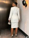 Women white V-neck blazer and skirt two-piece set