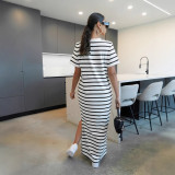 Women Casual Striped Round Neck Short Sleeve Slit Dress