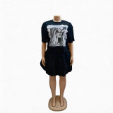 Plus size Women summer round neck short-sleeved T-shirt and skirt two-piece set