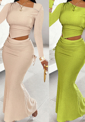Women Elegant Sexy Formal Party dress, slash shoulder long-sleeved top and gathered fishtail skirt two-piece set