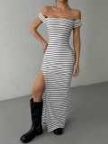 Women summer off-shoulder striped white Strapless dress