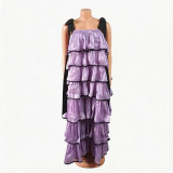 Plus Size Women Summer Pleated Skirt Color Block Cascading Ruffles Dress