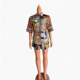 Women Summer Printed Short-Sleeved Shirt and Drawstring Shorts Casual Two-Piece Set