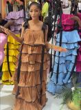 Plus Size Women Summer Pleated Skirt Color Block Cascading Ruffles Dress