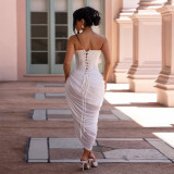 Women Sexy Off-Shoulder Strapless Pleated Bodycon Dress