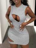 Women round neck irregular patch sexy mini dress