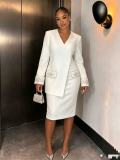 Women white V-neck blazer and skirt two-piece set