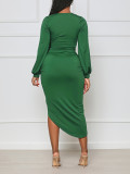Women Sexy V-Neck Lantern Sleeve Pleated Slit Evening Party Bodycon Dress