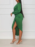 Women Sexy V-Neck Lantern Sleeve Pleated Slit Evening Party Bodycon Dress