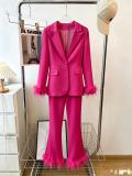 Women pink feather blazer and pant two-piece set