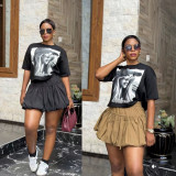 Plus size Women summer round neck short-sleeved T-shirt and skirt two-piece set