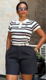 Women Summer Polo Color Block Top and Shorts Casual Two-Piece Set