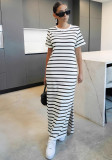Women Casual Striped Round Neck Short Sleeve Slit Dress