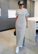Women Casual Striped Round Neck Short Sleeve Slit Dress Women Casual Striped Round Neck Short Sleeve Slit Dress