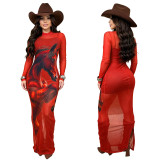 Women Sexy Mesh Print Beaded Dress