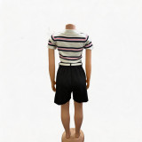 Women Summer Polo Color Block Top and Shorts Casual Two-Piece Set