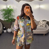 Women Summer Printed Short-Sleeved Shirt and Drawstring Shorts Casual Two-Piece Set