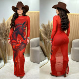 Women Sexy Mesh Print Beaded Dress