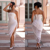 Women Sexy Off-Shoulder Strapless Pleated Bodycon Dress