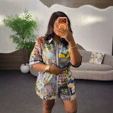Women Summer Printed Short-Sleeved Shirt and Drawstring Shorts Casual Two-Piece Set