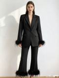 Women pink feather blazer and pant two-piece set