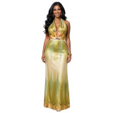 Women Summer Casual Print V-Neck Backless Dress