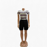 Women Summer Polo Color Block Top and Shorts Casual Two-Piece Set