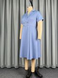 Plus Size Women Light Blue Striped Turndown Collar Dress