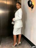 Women white V-neck blazer and skirt two-piece set