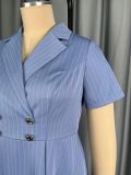 Plus Size Women Light Blue Striped Turndown Collar Dress