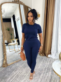 Women Summer Round Neck Short-Sleeve Top and Pants Two-Piece Set