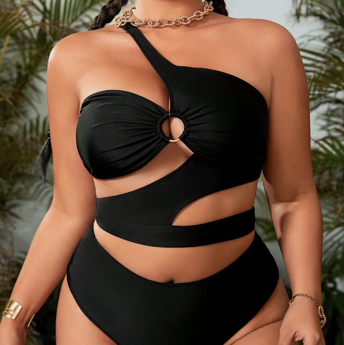 Plus Size One-Shoulder Hollow-Out Two-Piece Swimsuit