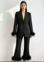 Women pink feather blazer and pant two-piece set Women pink feather blazer and pant two-piece set
