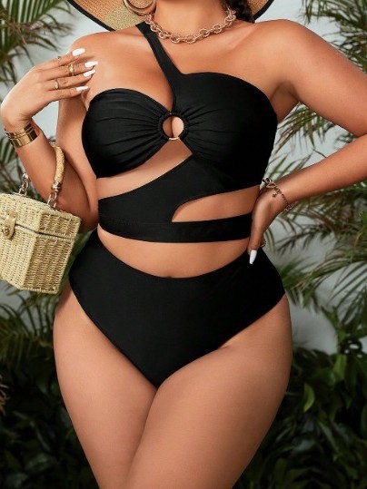 Plus Size One-Shoulder Hollow-Out Two-Piece Swimsuit