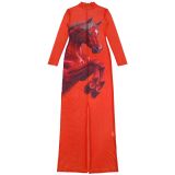 Women Sexy Mesh Print Beaded Dress