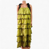Plus Size Women Summer Pleated Skirt Color Block Cascading Ruffles Dress
