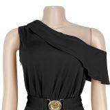 Women Elegant Slash Shoulder Belt Jumpsuit