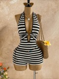 Women Spring/Summer Black and White Striped Halter Neck Hollow-Out Jumpsuit
