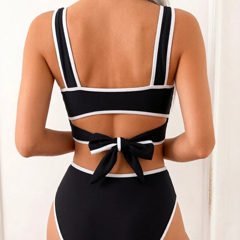 Black & White Striped Ruffled Bow Tie Two-Piece Bikini
