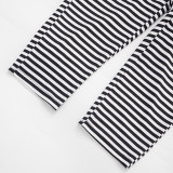 Women Striped Print Turndown Collar Short-Sleeve Three-Quarter Jumpsuit