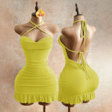 Women Strap Dress Pleated Backless Ruffle Edge Bodycon Dress
