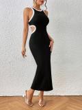 Women Summer Round Neck Sleeveless Patchwork Ribbed Sexy Bodycon Dress