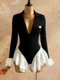 Women V Neck Lace Long-Sleeve Bodysuit