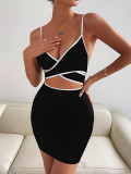 Women Strappy Cross-Hole Black and White Patchwork Sexy Bodycon Dress