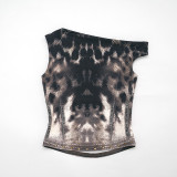 Women Leopard Print Slash Shoulder Sleeveless Top and Skirt Two-Piece Set