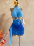 Women Halter Neck Starfish Hollow-Out Ribbon Pleated Holidays Bodycon Dress