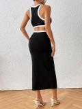 Women Summer Round Neck Sleeveless Patchwork Ribbed Sexy Bodycon Dress